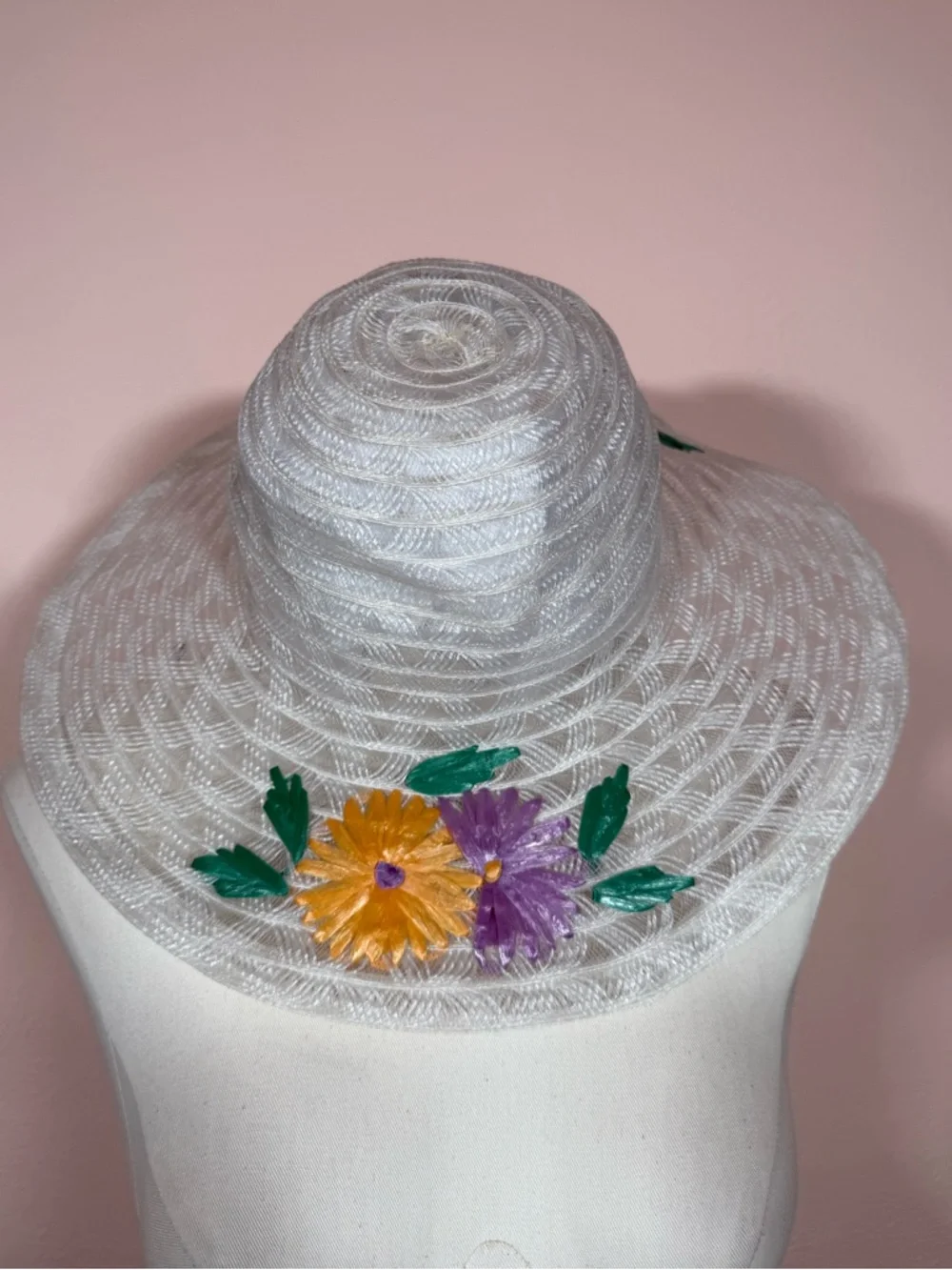 Vintage 1970's White Lace Embroidered Flower Wedding floppy SunHat Derby - Picture 13 of 16